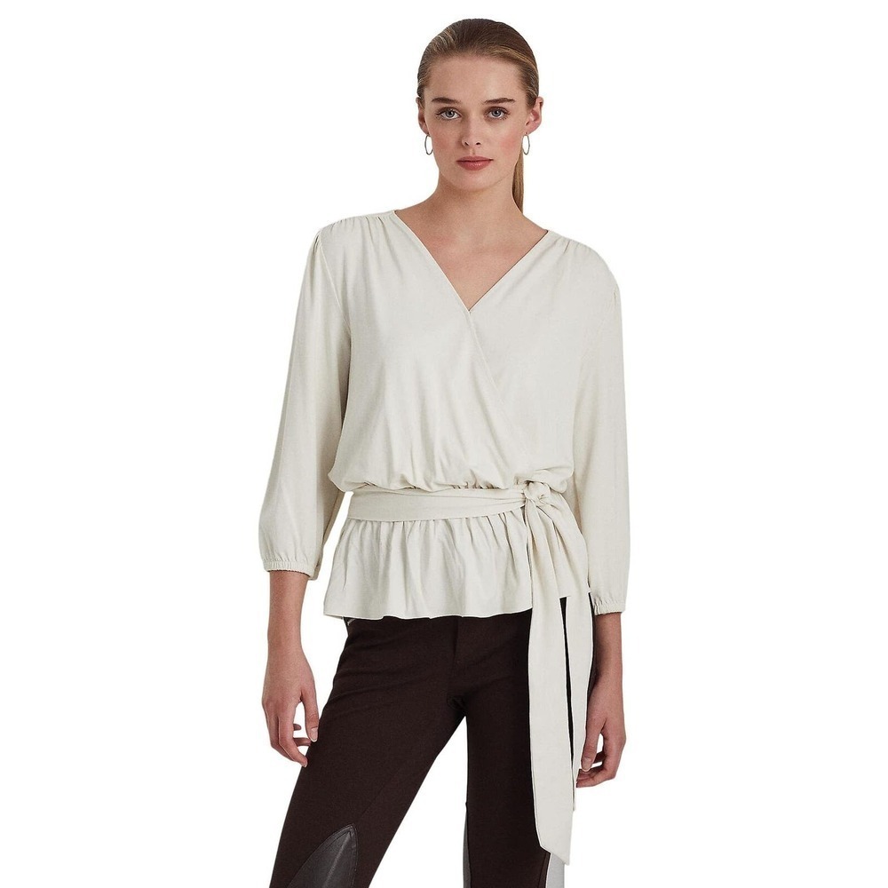 Lauren Ralph Lauren Jersey Peplum Blouse Mascarpone Cream, Size Medium